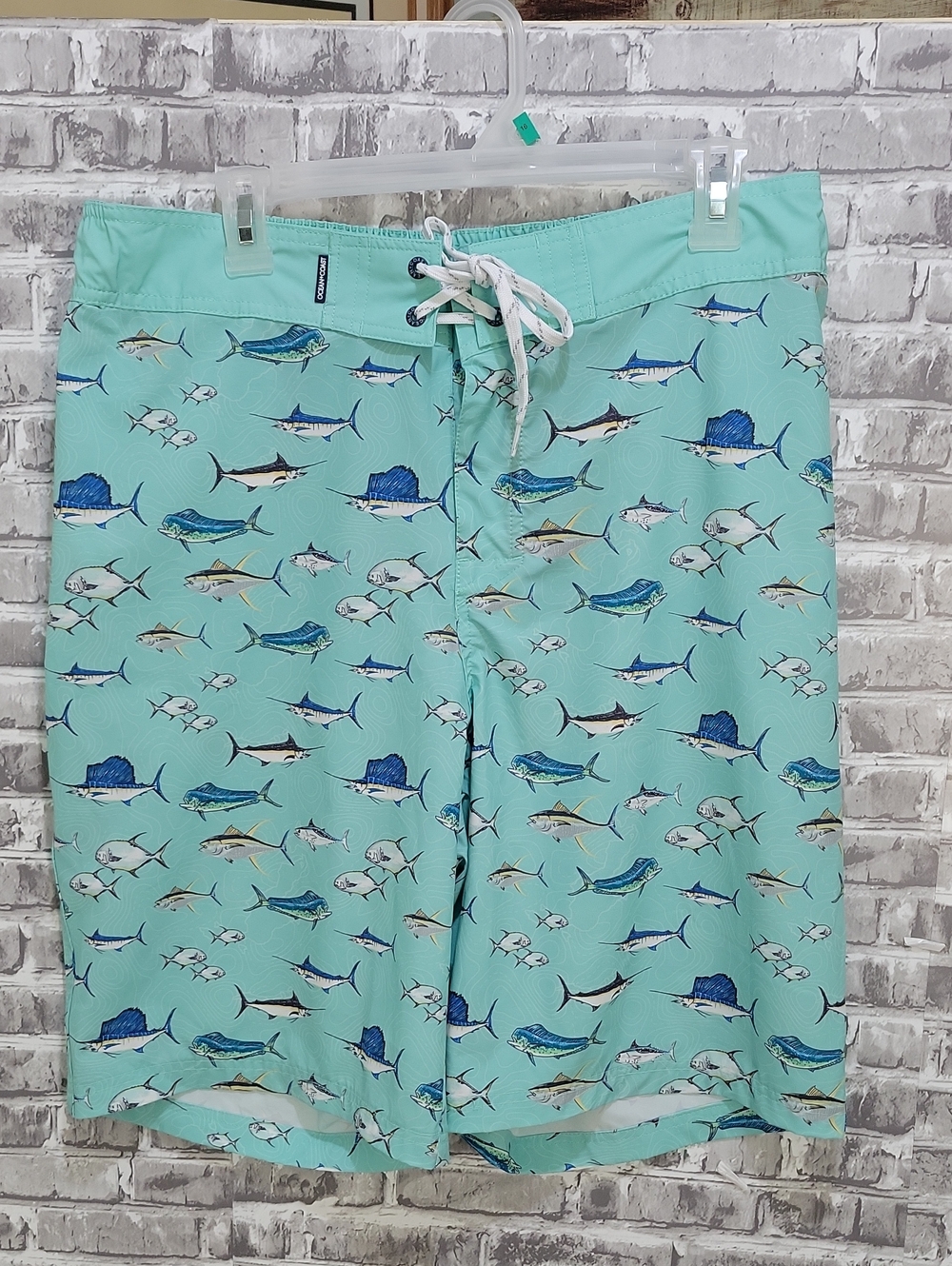 Ocean Coast Men's Mint Green Fish-Print Swim Board Shorts, Drawstring Waist Sz L
